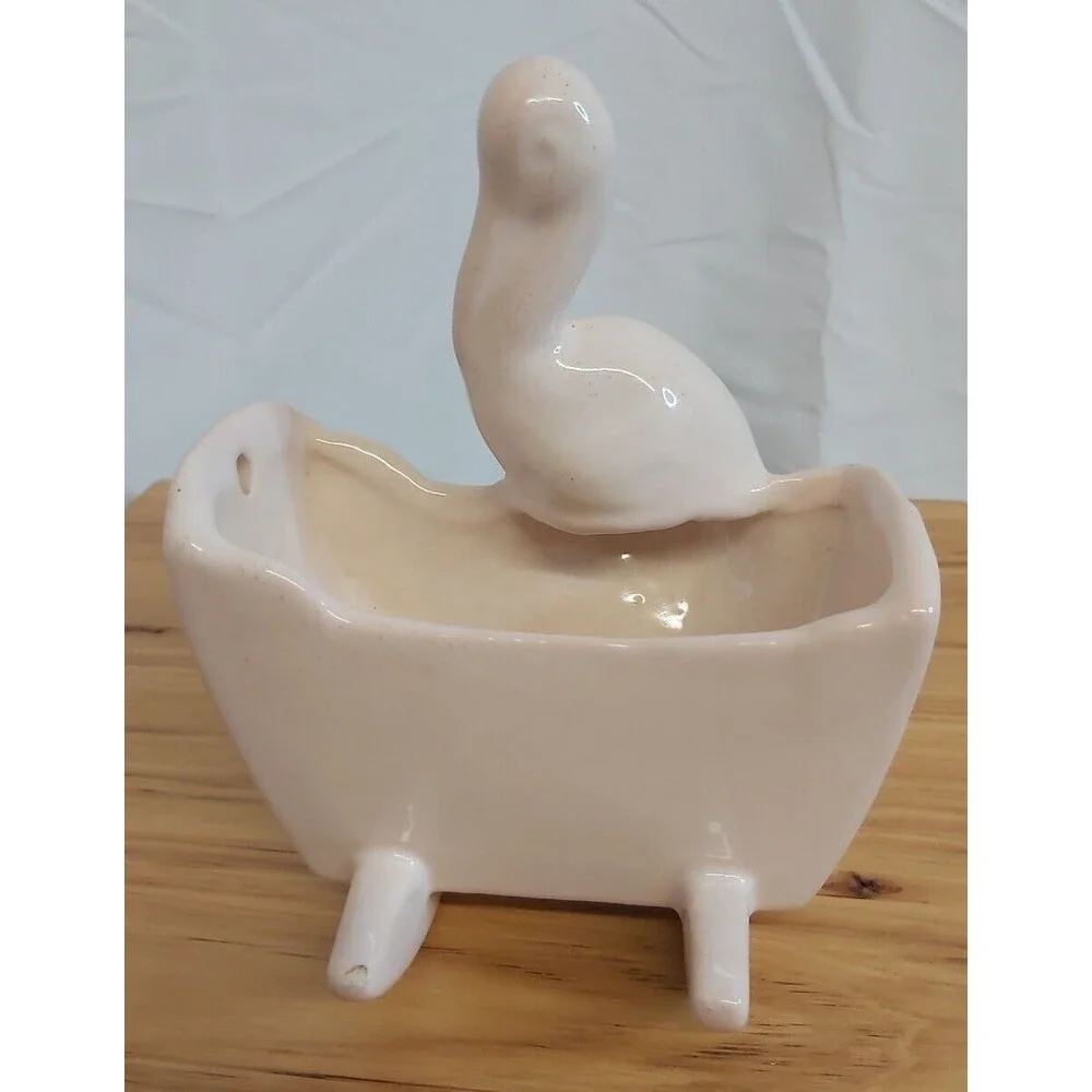 1939 Haeger Baby Cradle Planter pink Pottery Stork Mid Century Nursery Vase Vtg